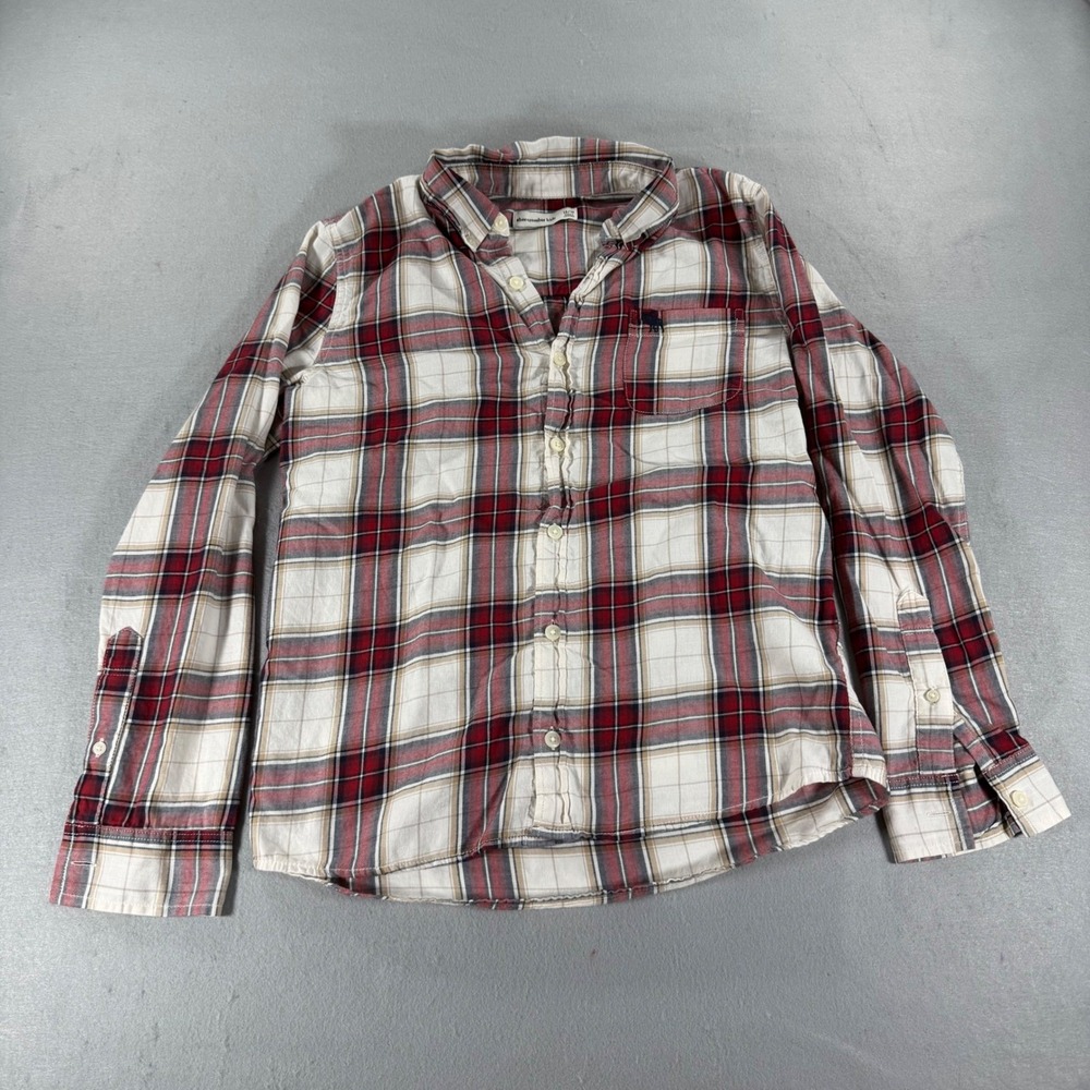 Abercrombie Kids Boys Red White Plaid Button Down Shirt Size 13/14 Large Cotton